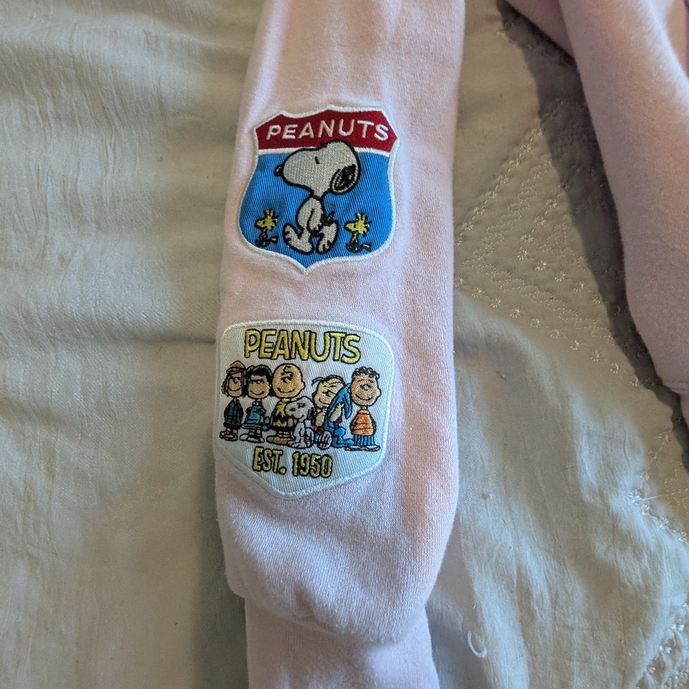 Peanuts Ladies Light Pink Snoopy Woodstock Hoodie XS Oversized Graphic Patches - Picture 5 of 8